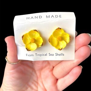 Vintage Sunny Yellow Sea Shell Earrings Clip On Handmade